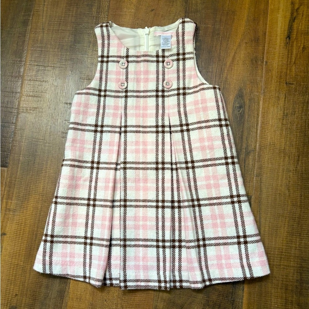 Janie and Jack Girls Pink And Brown Plaid Wool Dress Size 18-24 Months